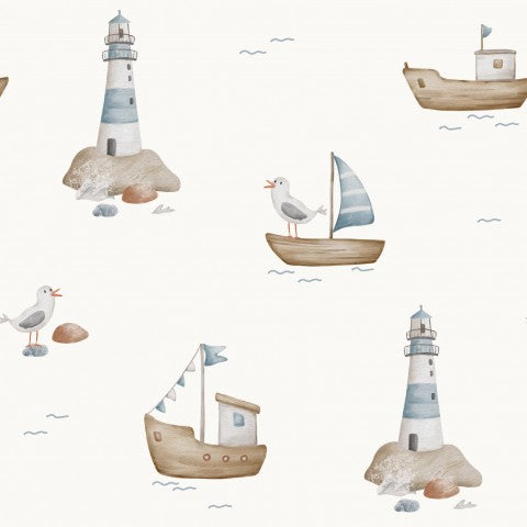 French Terry seagulls and boats on a white background