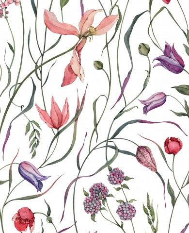 Satin cotton watercolor flowers on white background