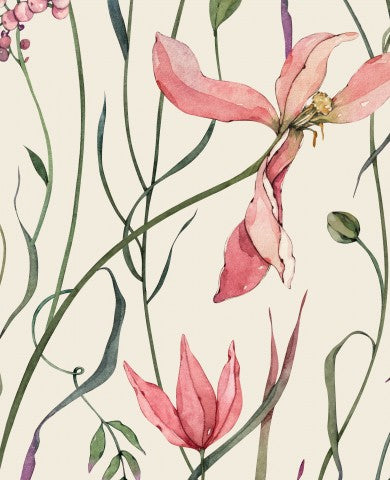 Muslin akvarel mønster med lyserøde blomster og grønne blade