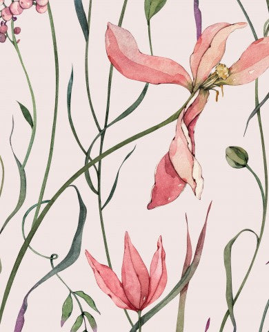 Jersey Aquarellmuster mit rosa Blüten und grünen Blättern