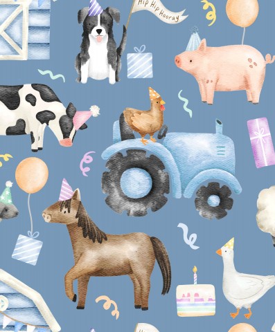 Kindergeburtstag auf dem Land: Auf farbenfrohem Baumwoll-Canvas-Muster finden sich lustige Farm-Tiere wie Schafe, Pferde und Schweine - perfekt für Jungen!