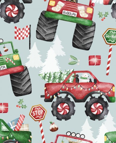 SoftShell ein weihnachtliches Stoffmuster mit Lastwagen und Zuckerstangen