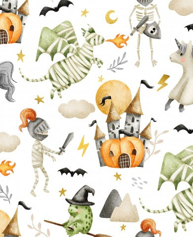 Halloween-mønster i satinbomuld med monstre og hekse