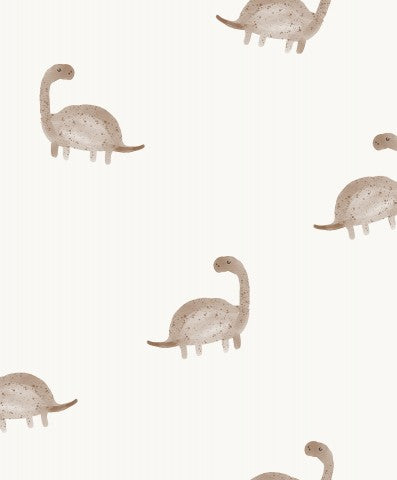 Vandtæt stof med et mønster af små dinosaurer på en hvid baggrund