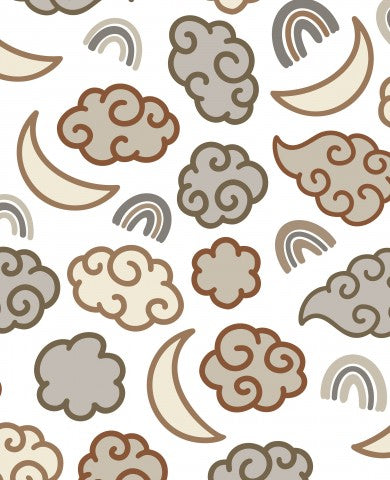 Braune Süßwolken auf Weiß - Seiden-ähnlicher Canvas-Stoff aus 100% Baumwolle, ideal für nachtliche Träume. Süße Wolken-Entwürfe auf hellen Grund, zum Nähen von