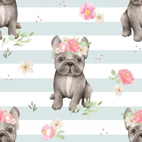 Motif en jersey côtelé d'un bouledogue français avec des fleurs