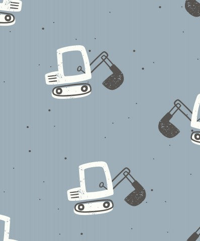 Satin cotton a pattern of construction vehicles on a grey background