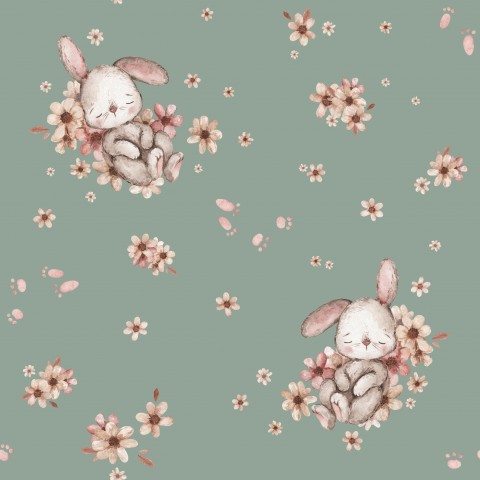 Jersey rabbits and flowers on a green background