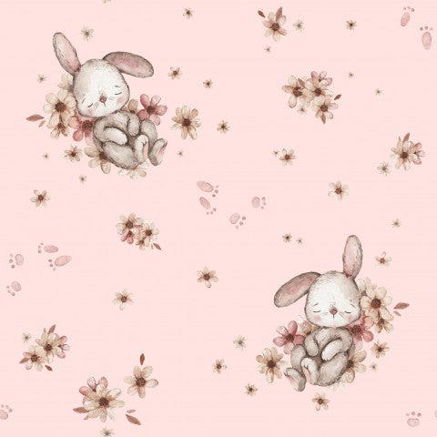 French Terry bunnies and flowers on a pink background