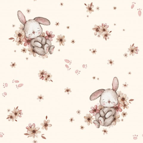 French Terry rabbits and flowers on beige background
