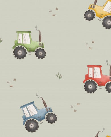 Muslin pattern of tractors on a green background