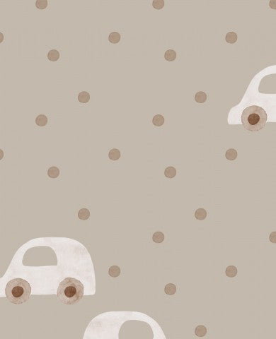 Muselina con estampado de lunares marrones y blancos con coches.