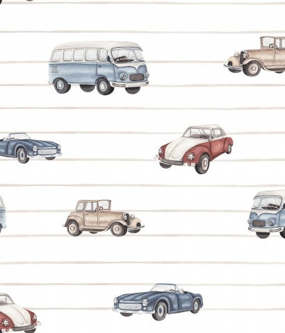 Satijnkatoen met een aquarelpatroon van oude auto's op een witte achtergrond