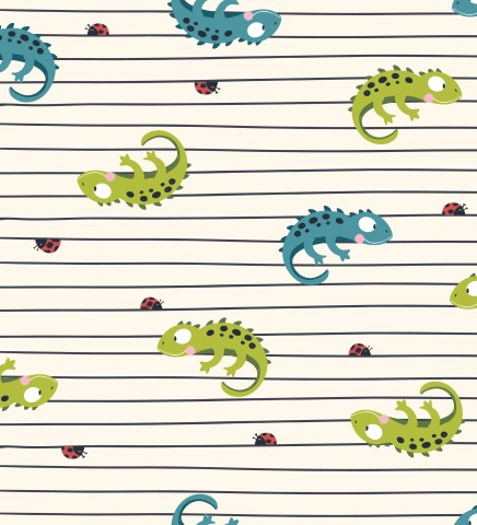 Rib Jersey a lizard and ladybug pattern on a striped background