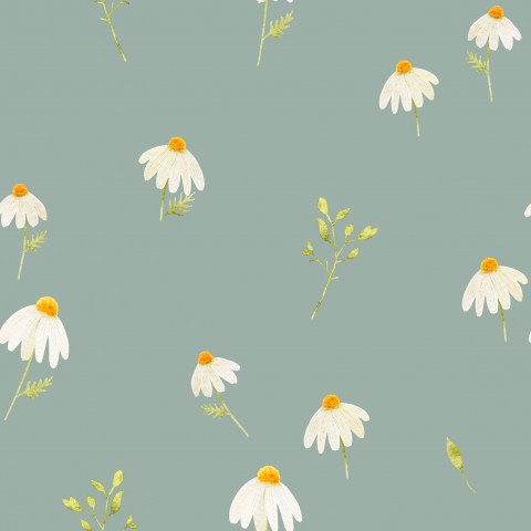 French Terry white daisies on green background