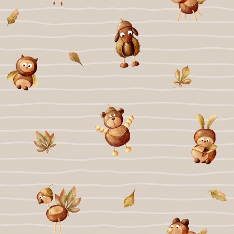 French Terry cute animals and leaves