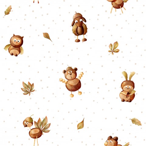 Raso di cotone con simpatici animali e foglie