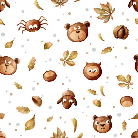 Raso di cotone con simpatici animali e foglie