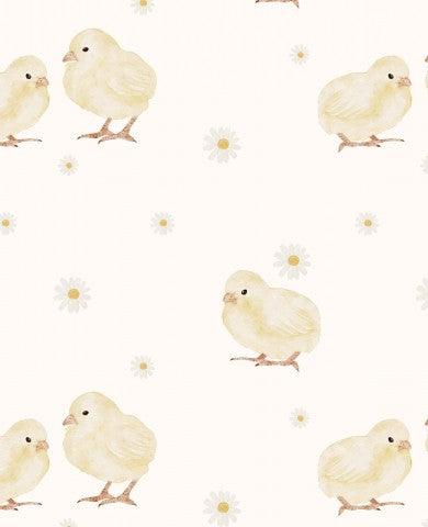 Jersey a white and yellow pattern with chickens and daisies