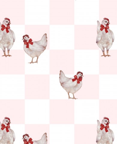 Tissu imperméable poulets roses et blancs sur fond à carreaux