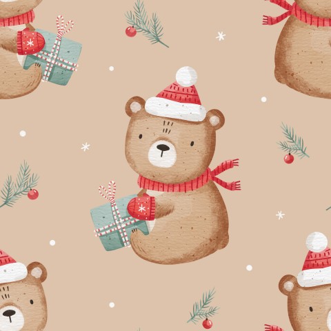 French Terry pattern of a cute teddy bear with hat and scarf