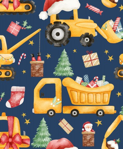French Terry construction vehicles and Santa Claus on a blue background
