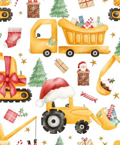 Muslin watercolor Christmas pattern with construction vehicles and toys