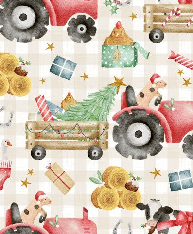 Entdecken Sie das Christmas Farm Animal Tractor Canvas Baumwolle Set - ideal für Ihre nächste Projektion! Baumwollstoff in Meterware, zum nähen geeignet. Passe