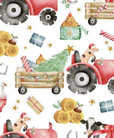 Panama ein Aquarell-Weihnachtsmuster mit einem Traktor, einer Kuh und anderen Gegenständen