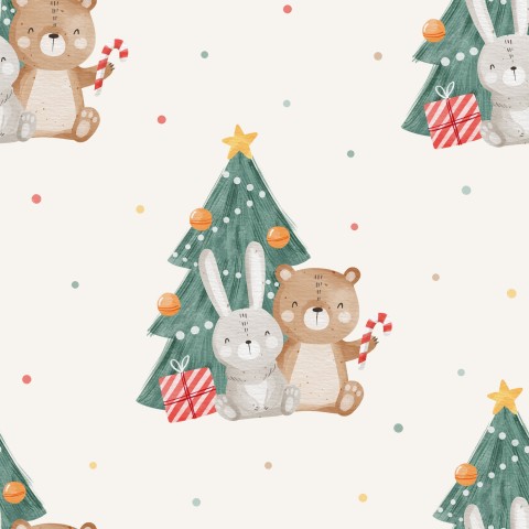 French Terry cute animals and a Christmas tree