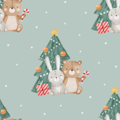 Rib Jersey niedlichen Tieren und einem Weihnachtsbaum