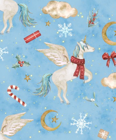 Panama einen weihnachtlichen Stoff mit Einhörnern und Schneeflocken