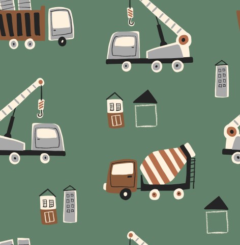 Veicoli da costruzione e camion in tela di cotone su sfondo verde