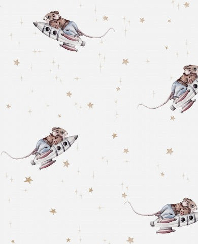 Muslin a white and gold pattern with mice flying in space