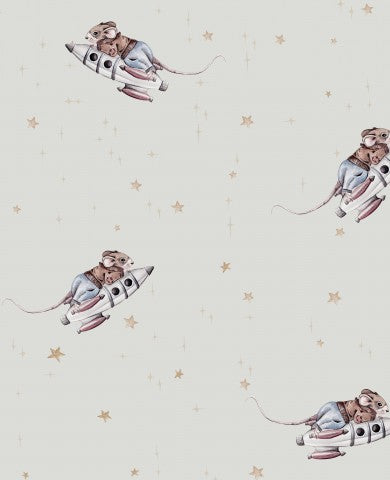 French Terry a pattern of mice riding on a rocket in space