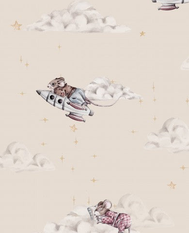 Waterproof fabric wallpaper with mice flying in space and clouds