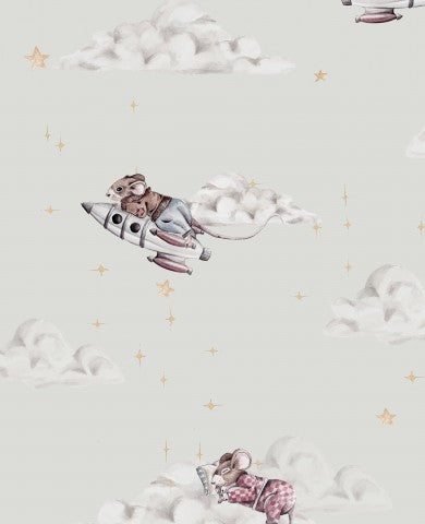 Satin Baumwolle eine Tapete mit Mäusen, die am Himmel und in den Wolken fliegen