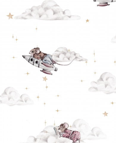 SoftShell a white and pink wallpaper with mice flying on a rocket