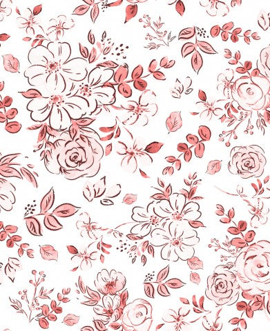 Motivo floreale French Terry con fiori e foglie rosa