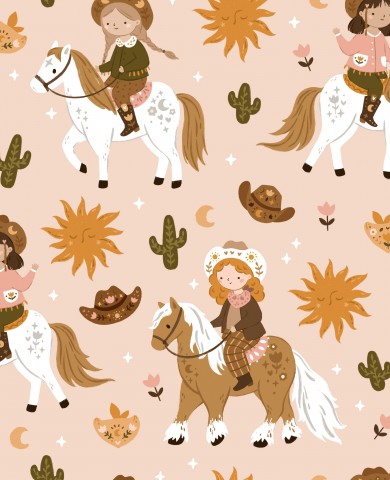 Cowgirl-stil i gråt bomuldslærredsstof i metermål til specialsyning! Opdag det perfekte hestedesign på behagelig, ren bomuld. Ideel til