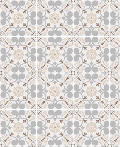 French Terry un motif gris et blanc avec des fleurs et des feuilles