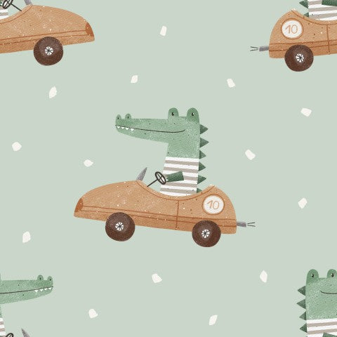 French Terry a crocodile driving a car on a green background