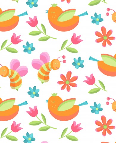 Satin cotton colorful birds and flowers