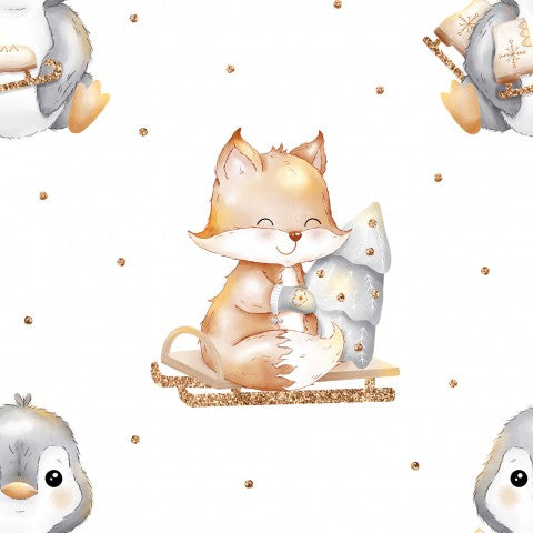 Weihnachtliche Baumwoll-Stoff-Meterware: Cute Christmas Penguins & Fuchs auf weißem Hintergrund - ideal für Weihnachtskostüme, Accessoires und Dekorationsziele