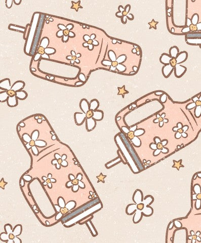 Waterproof fabric a pink pattern with flowers, stars and drinking bottle