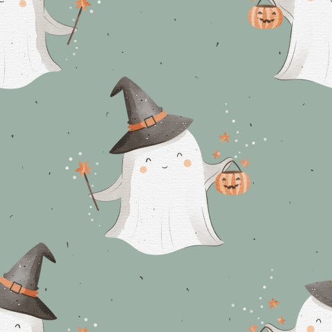 SoftShell a seamless Halloween ghost with witch hat and pumpkin