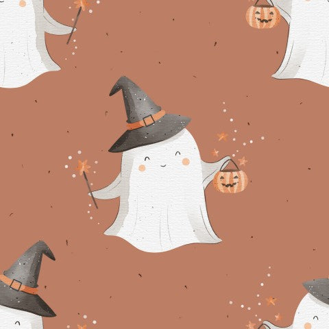 French Terry Halloween-Muster mit süßem Geist und Kürbis