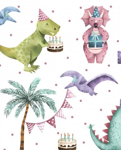 Set di dinosauri acquerellati in raso di cotone con torta di compleanno
