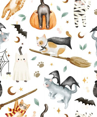 Satin cotton Halloween pattern with cats and bats