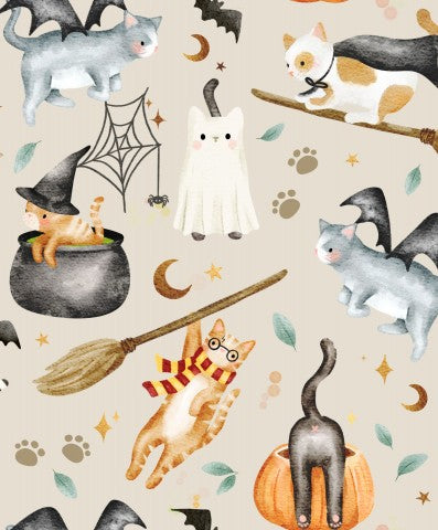 Halloween-Mode aktiviert! Cute Kätzchen, Hexen und Gespenster auf Canvas-Baumwolle - perfekte Stoffe für Nähprojekte und Halloween-Kostüme